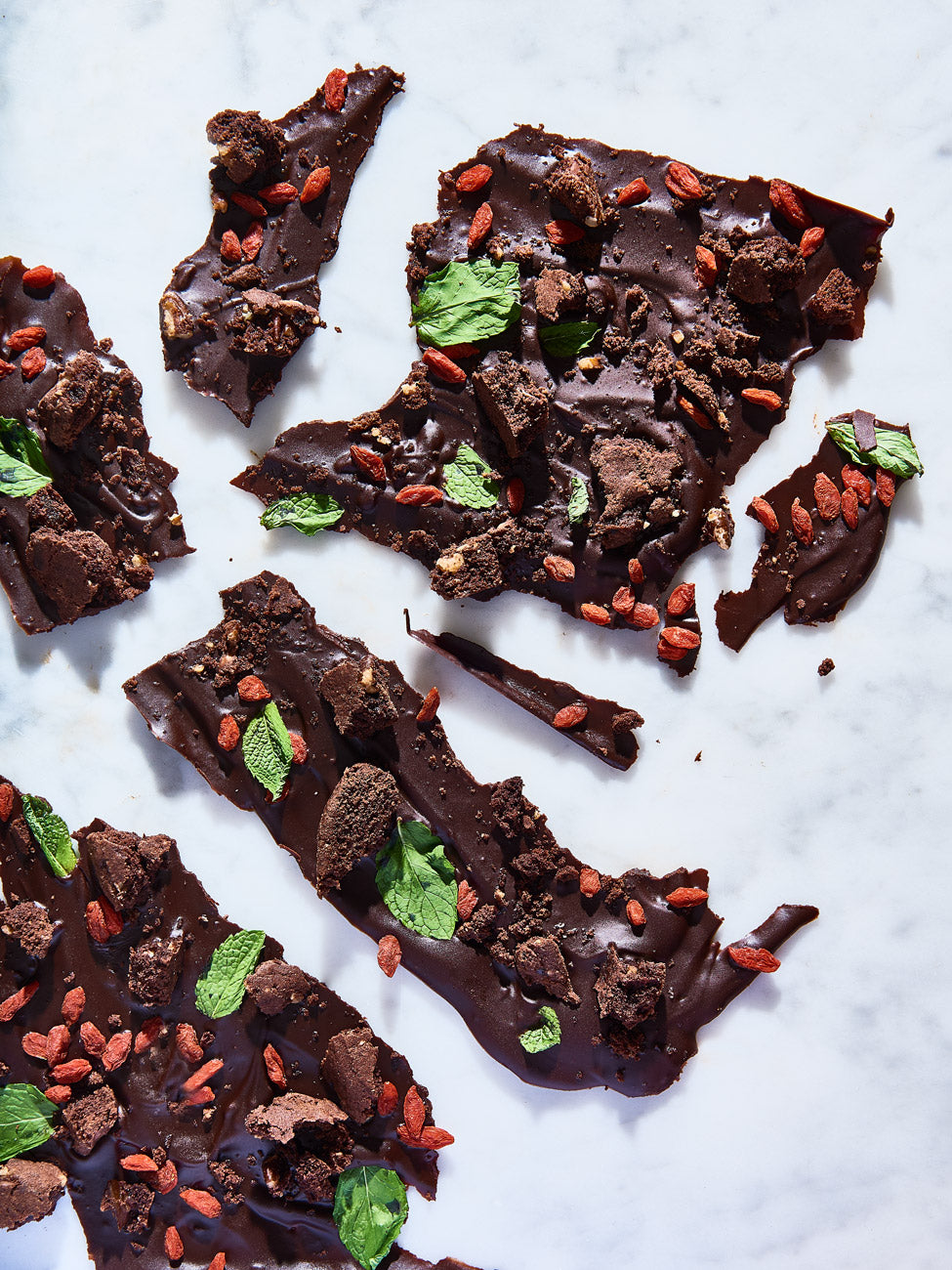 Dark Chocolate Bark with Rocky Road Cookie, Goji Berries & Fresh Mint