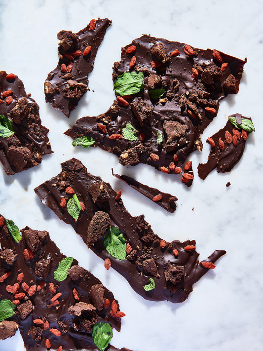 Dark Chocolate Bark with Rocky Road Cookie, Goji Berries & Fresh Mint