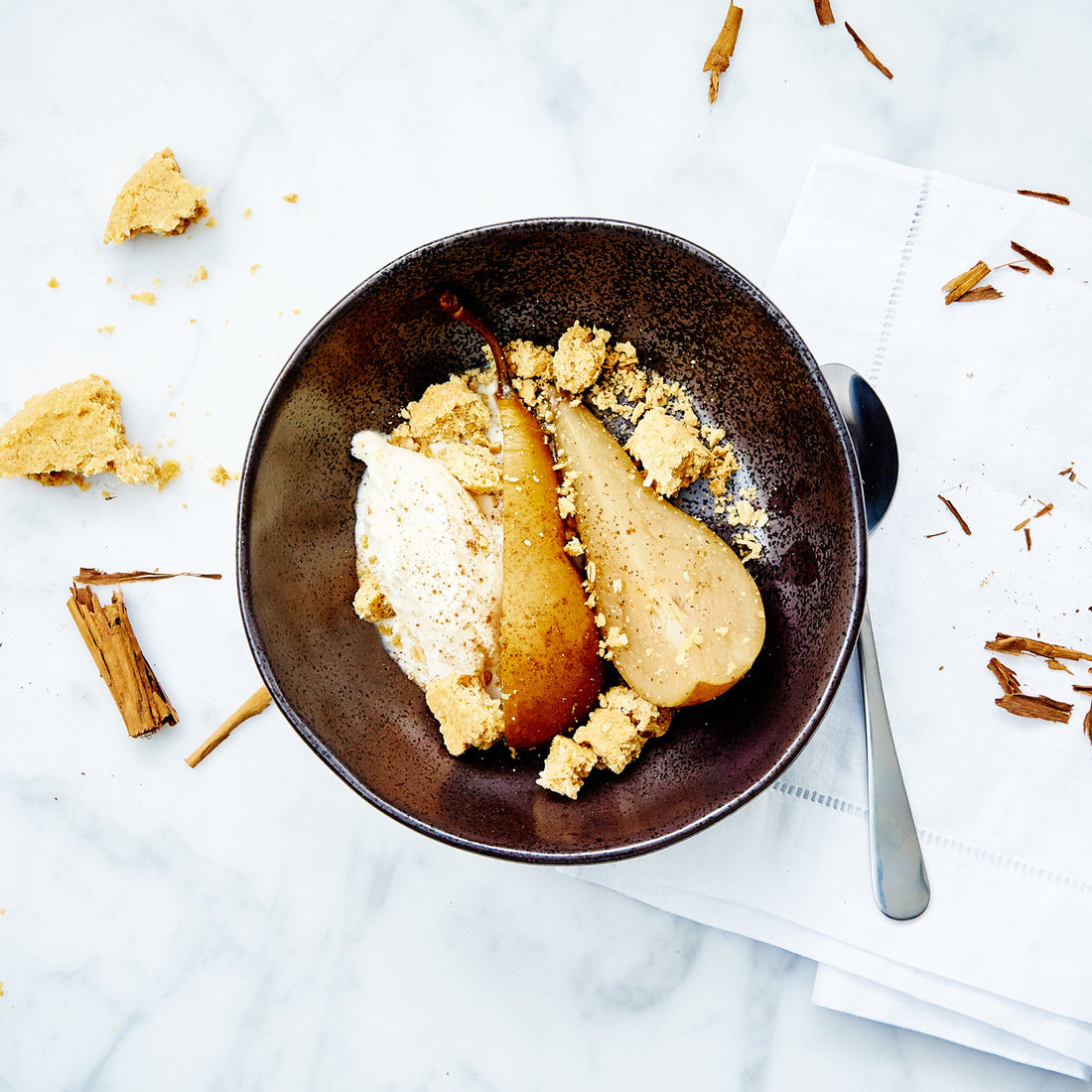 Spiced Poached Pear with ANZAC Cookie Crumble